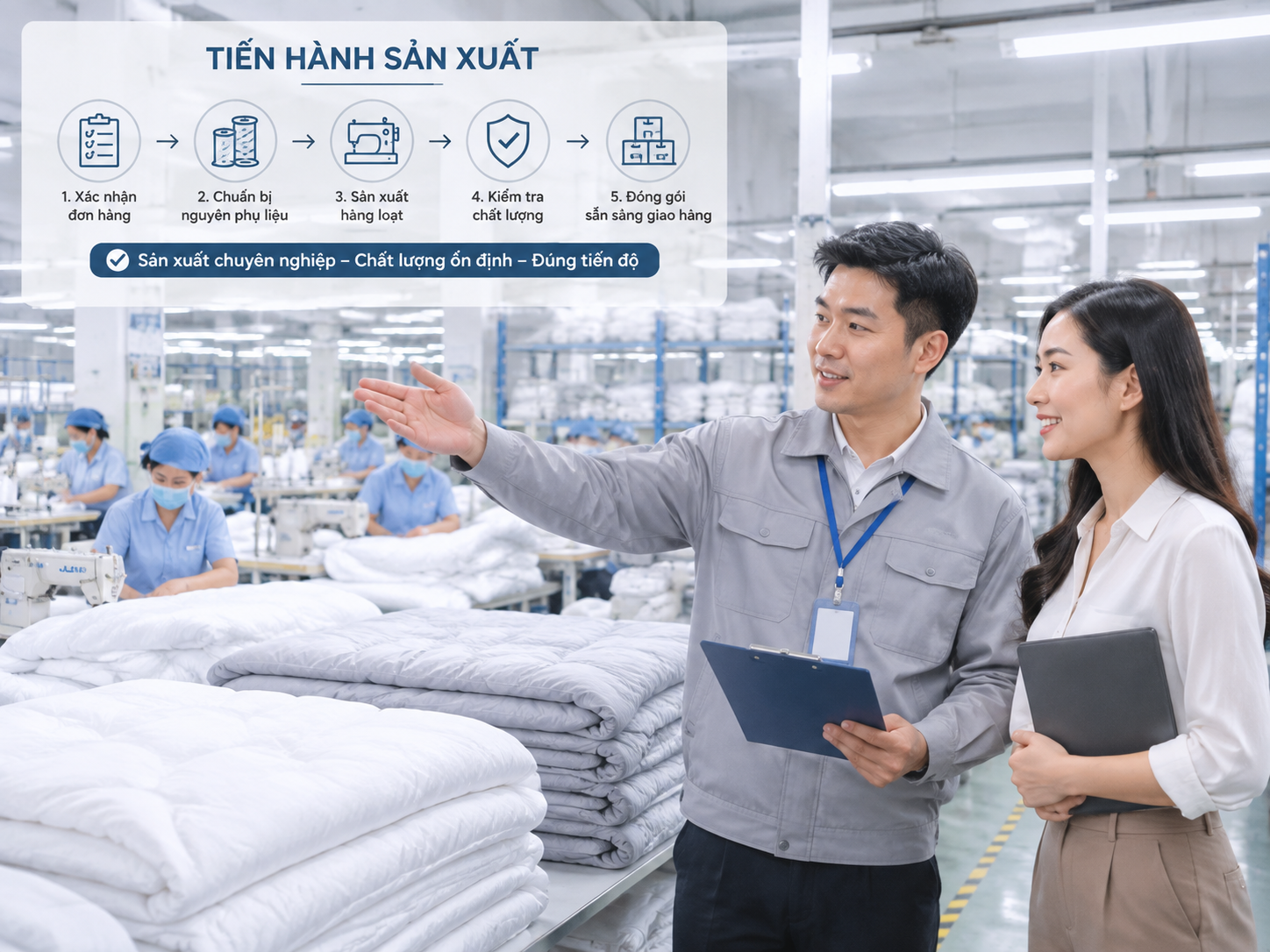 Tiến hành sản xuất chăn ga gối đệm tại nhà máy Yinbo